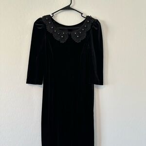 Vintage Black Velvet Tunic Blouse with Embellished Collar